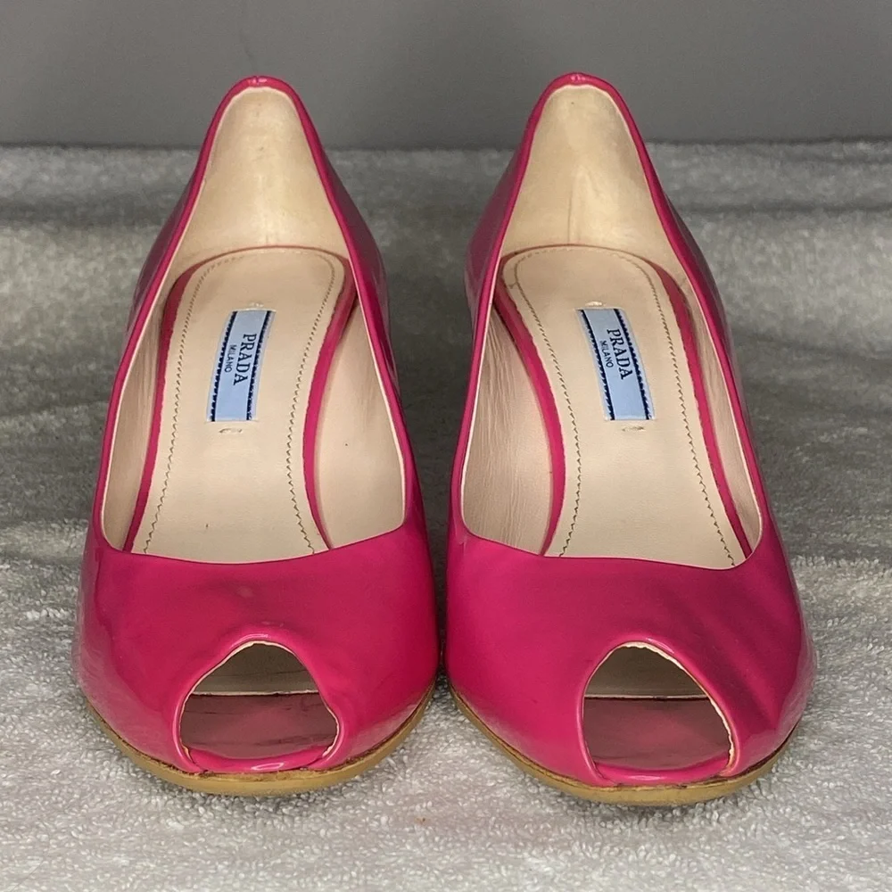Prada Pink Enamel Peep-Toe Heels in Patent Leather (EU 37 / US 7)